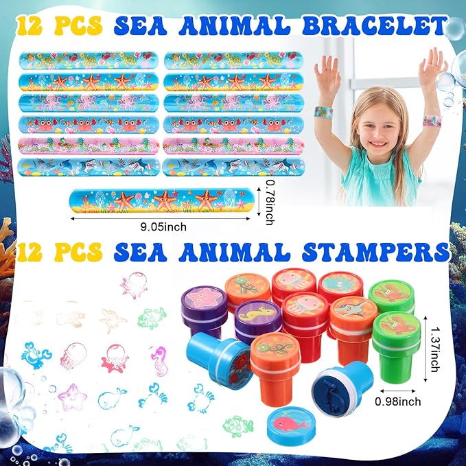 Under the Sea Party Favors Ocean Sea Animals Themed Party Supplies for Boys Girls, Bracelet Tattoo Sticker Stampers Keychain Ocean Sea Goodie Bag Fillers for Birthday Party Classroom Rewards (144 Pcs)
