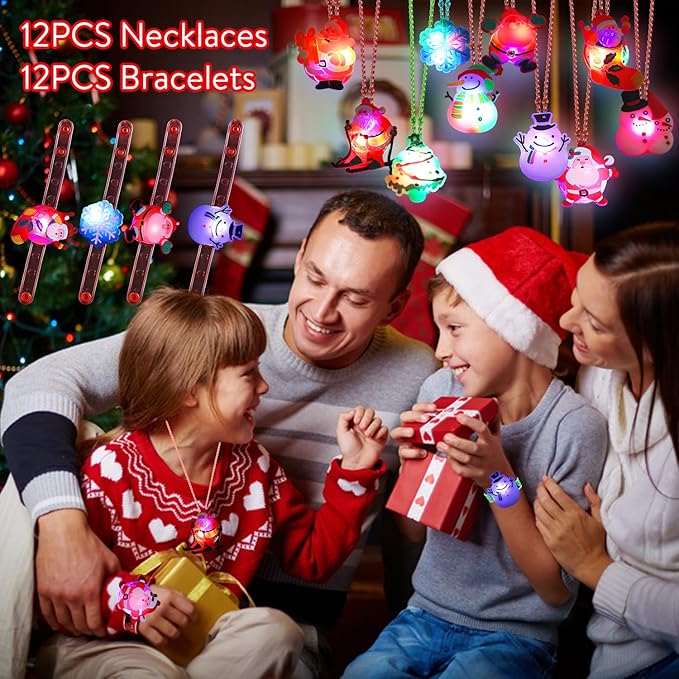 DIYASY Light Up Christmas Necklace Bulk, 24 Pcs Party Favor LED Bracelet for Kids Adults Glow in the Dark Flashing Toys Christmas Stocking Stuffers Ornaments Decorations