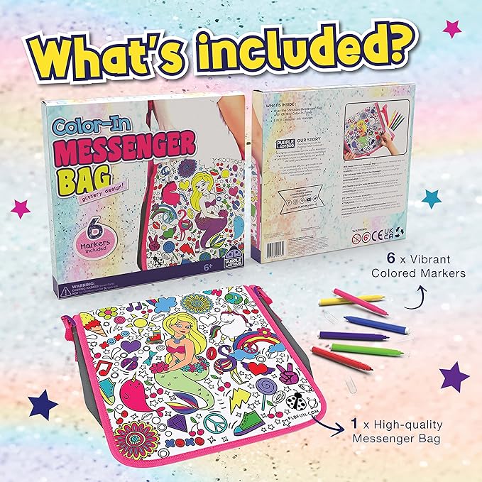 PURPLE LADYBUG Color Your Own Bag with 6 Markers Craft Set - Unique Mermaid Crafts for Girls Ages 6-8 & Mermaid Gifts for Girls, Craft Kits for Girls Ages 6-8, Girls Valentines Easter Gifts for Kids