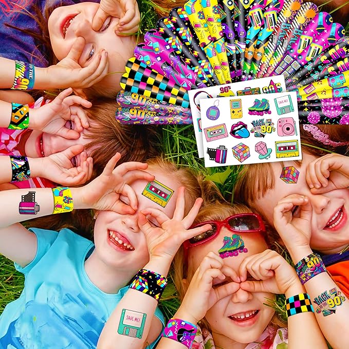 48PCS 90s & 80s Party Favors - 24PCS Tattoos & 24PCS Slap Bracelets, Retro 90s Birthday Party Supplies Decorations, Ideal for Kidsâ Classroom Prizes & Rewards for Boys & Girls