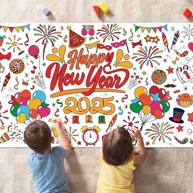 OHOME Happy New Year Giant Coloring Poster/Tablecloth - New Years Decorations 2025-30 x 72 Inches Jumbo Coloring Banner Kids Crafts Activities Party Decorations | New Years Eve Party Supplies
