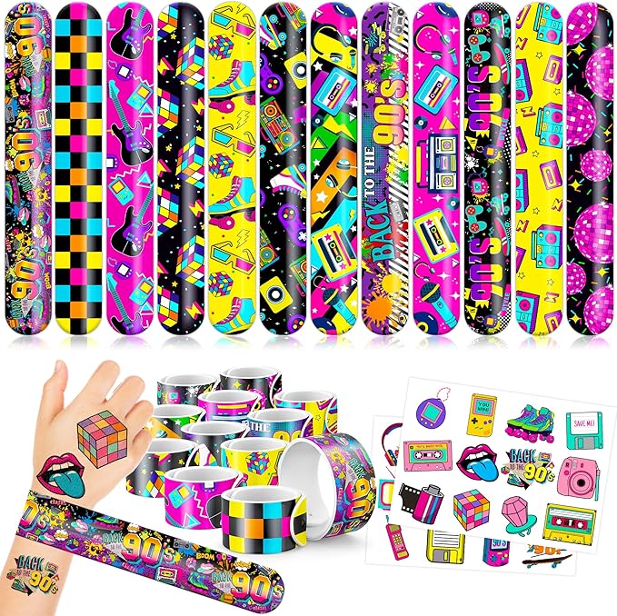 48PCS 90s & 80s Party Favors - 24PCS Tattoos & 24PCS Slap Bracelets, Retro 90s Birthday Party Supplies Decorations, Ideal for Kidsâ Classroom Prizes & Rewards for Boys & Girls