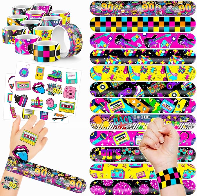48PCS 90s & 80s Party Favors - 24PCS Tattoos & 24PCS Slap Bracelets, Retro 90s Birthday Party Supplies Decorations, Ideal for Kidsâ Classroom Prizes & Rewards for Boys & Girls