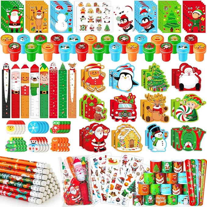 BenLouis Christmas School Stationery Set Party Favors Xmas Classroom Gift Prizes Bulk for Students Kids Holiday Stockings Pinata Filler Christmas School Goodie Bag Stuffers Decor(12set Christmas)