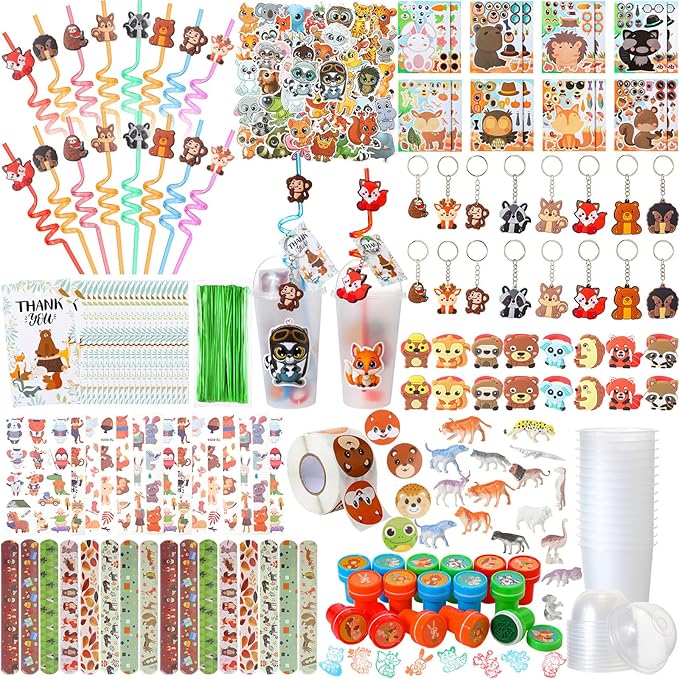 Poen 212 Pcs Woodland Party Favors Set Include Cup Straw Stamp Clap Bracelet Keychain Ring Puzzle Sticker Animal Miniature Card for Birthday Party Baby Shower Goody Bag Stuffer