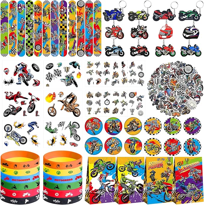 Dirt Bike Party Favor Supplies, Including Gift Bag Tattoo Stickers Badge Slap Bracelets Silicone Wristbands DIY Stickers Keychain, for Motorcycle Theme Party Club Gift Boy Birthday Party Fillers
