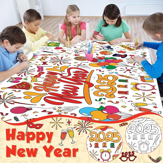 OHOME Happy New Year Giant Coloring Poster/Tablecloth - New Years Decorations 2025-30 x 72 Inches Jumbo Coloring Banner Kids Crafts Activities Party Decorations | New Years Eve Party Supplies