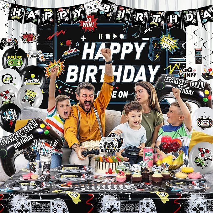 Video Game Birthday Decorations, 168 Pcs Black Gaming Party Supplies Serves 10 Guests Birthday Themes for Boys