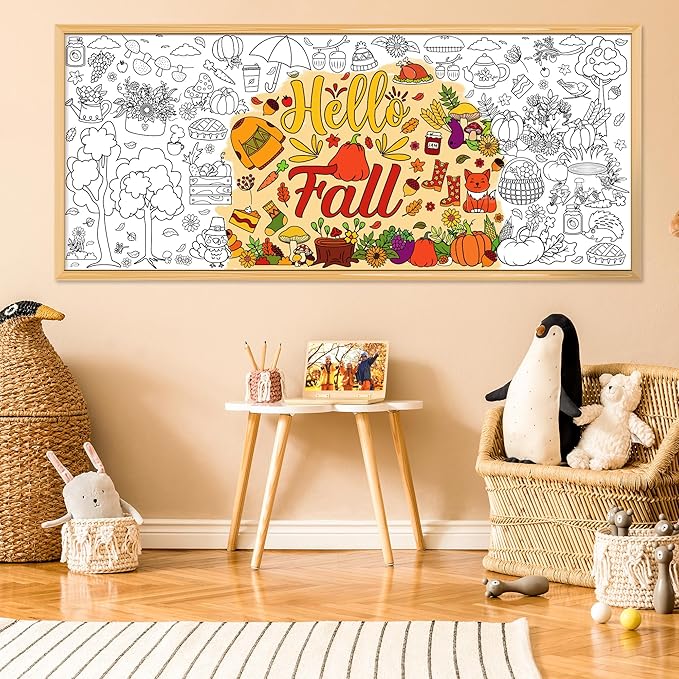 OHOME Fall Giant Coloring Poster/Tablecloth - Fall Decorations for Home - 30 x 72 Inches Jumbo Coloring Banner Kids Crafts Activities Decor Party Decorations