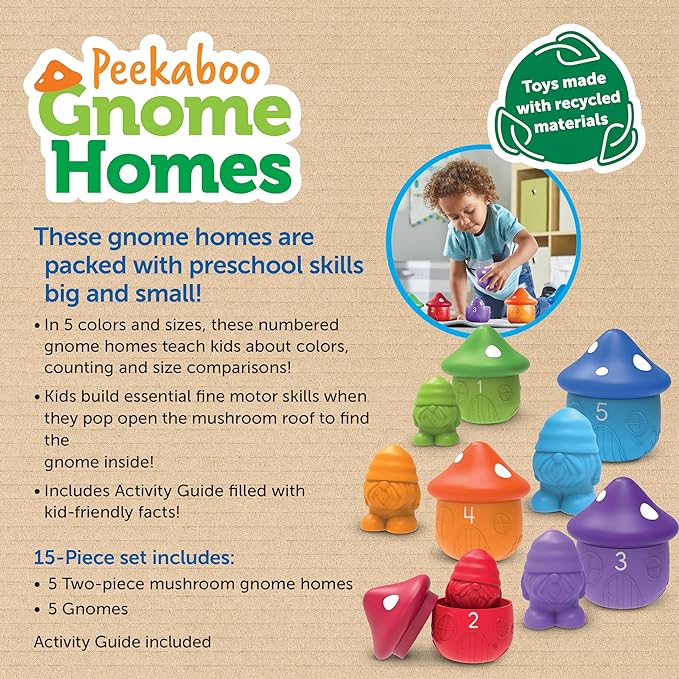 Learning Resources Peekaboo Gnome Homes,15 Pieces, Ages 18 Month+, Preschool Learning Activities, Toddler Learning Toys 2-4, Montessori Toys