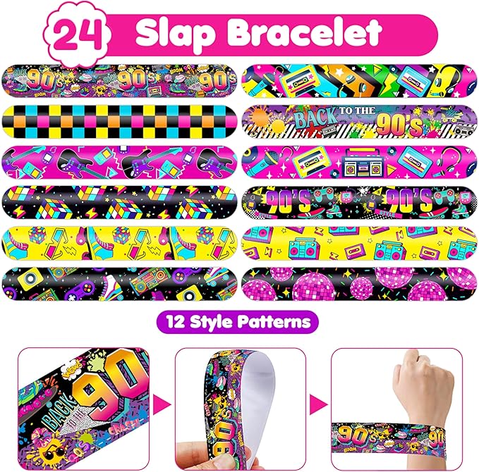 48PCS 90s & 80s Party Favors - 24PCS Tattoos & 24PCS Slap Bracelets, Retro 90s Birthday Party Supplies Decorations, Ideal for Kidsâ Classroom Prizes & Rewards for Boys & Girls