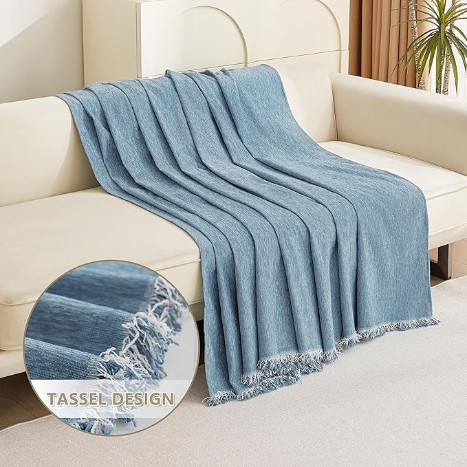 MYSKY HOME Sectional Couch Cover Blanket Living Room Furniture Protector for Pets, Farmhouse Home Decor Sofa Covers Tassel Chenielle Sofa Slipcover Soft Throw Couch for Dogs, 71" X 150", Blue