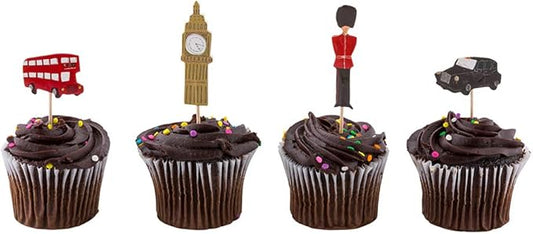 Restaurantware Top Cake London Cake Toppers 24 Piece Assorted British Cupcake Toppers - For Birthday Parties Weddings Or Baby Showers England Theme Cake Decorations Paper British Toothpicks