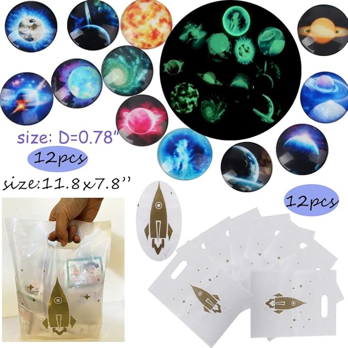 Outer Space Party Favors Supplies,Space Jam party favors, Tattoo Sticker Bouncy Ball Bracelet Space Badge Luminous Ball Helicopter Flashlights Keychain Gift Bag Kids Birthday Party Gift