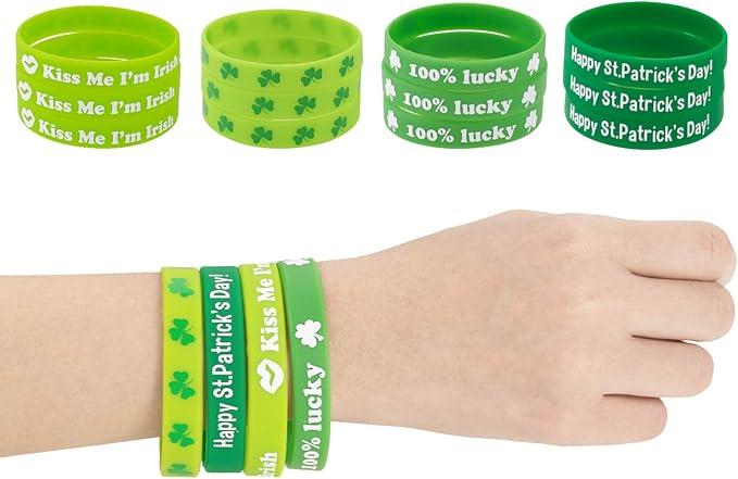 Whaline 94Pcs St. Patrick's Day Party Favor Set Include 12 Green Rubber Wristbands bracelet 12 Shamrock Necklace and 70 Piece Temporary Tattoo Sticker for St. Patrick Irish Party Supplies Decorations
