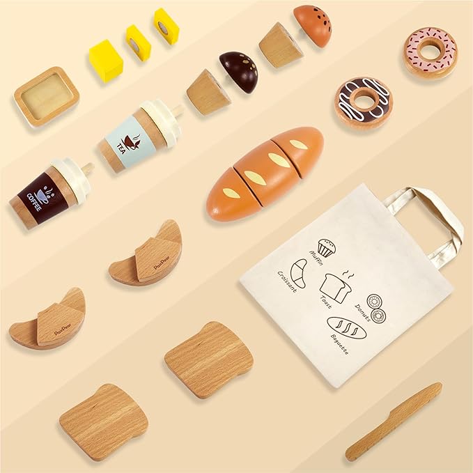 PairPear Wooden Bakery Toy Food Playset,Kids Pretend Play Food Kitchen Accessories with Shopping Bag,Toddlers Cutting Food Gift for Boys and Girls 3 Years and Up