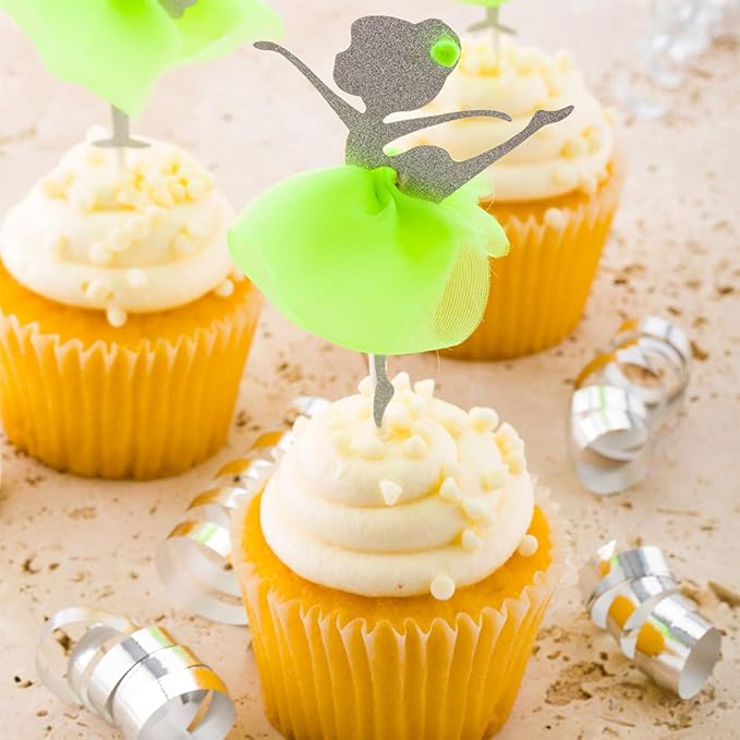 Restaurantware Top Cake 5 x 2.3 Inch Cupcake Toppers 10 Silver Glitter Detail Cake Toppers - For Events Durable Green Paper Ballerina Cake Toppers For Dessert And Party Decorations