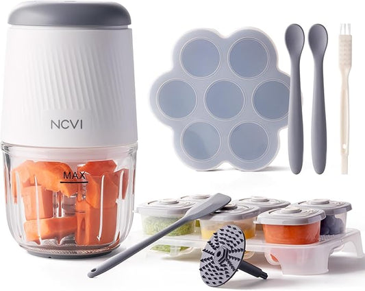 NCVI Puree Baby Food Processor Glass Set, Mini Infant Food Maker Blender Machine with 8 Blades and Grinding Disc, Small Blender for Baby Food Including Food Containers, Silicone Tray and Tableware