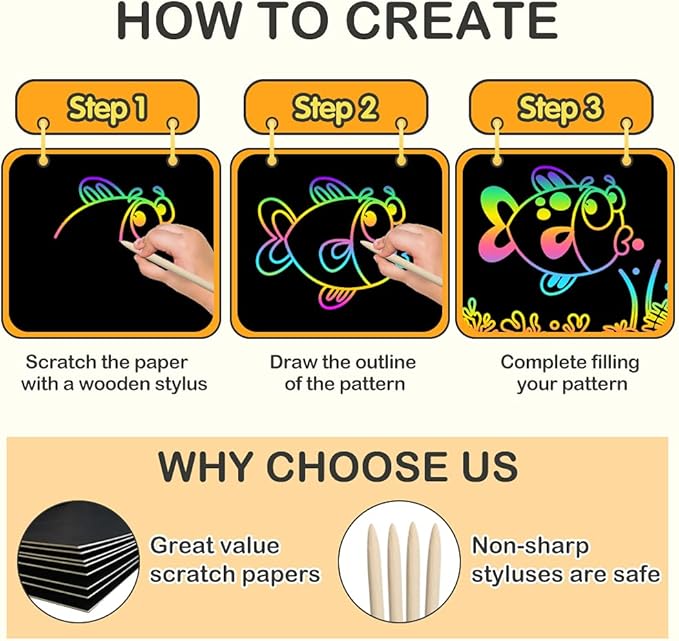 Scratch Rainbow Paper for Kids: 117 Pcs Magic Scratch Off Paper Children Art Crafts Set Kit Supplies Toys Black Scratch Sheets Notes Cards for Boys Girls Birthday Party Favors Christmas Easter Gift