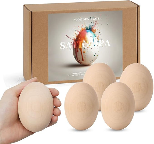 Large Wooden Eggs,3.1x2.3 inches 4 Count Unpainted Wooden Eggs in Carton for Painting, Crafts, and Dyeing, Food Toys for Kitchen Play and Room Decor