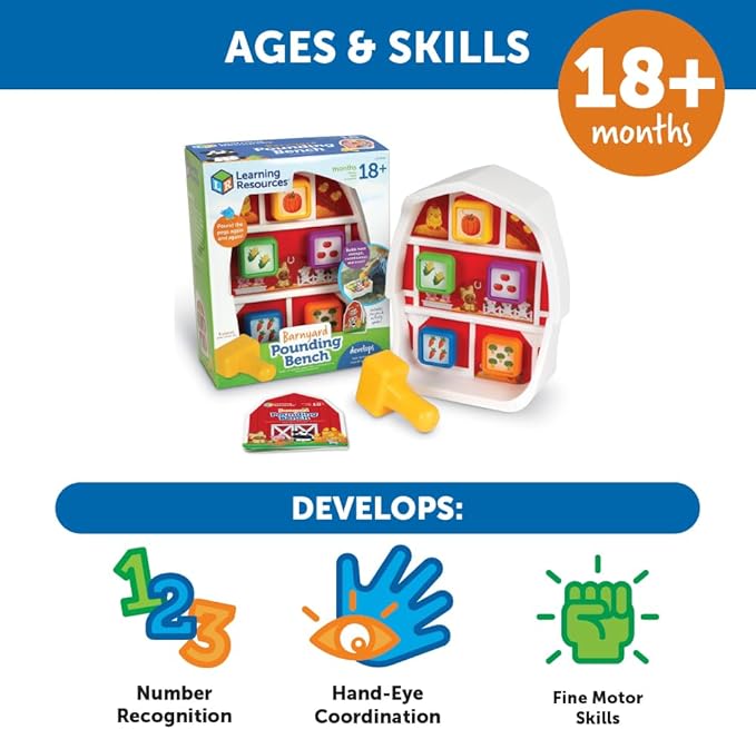 Learning Resources Barnyard Pounding Bench, 3 Pieces, Ages 18 Months+, Preschool Learning Activities, Toddler Toys, Montessori Toys