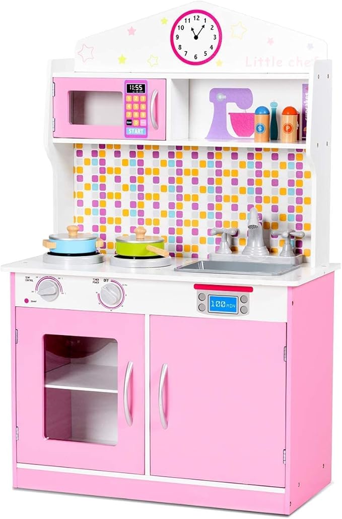 OLAKIDS Kids Kitchen Playset, Wooden Play Kitchen for Toddlers with Real Sounds, Stove Microwave Oven Sink Faucet, Large Storage Cabinet, Pretend Play Toys Cooking Gift for Boys Girls (Pink)