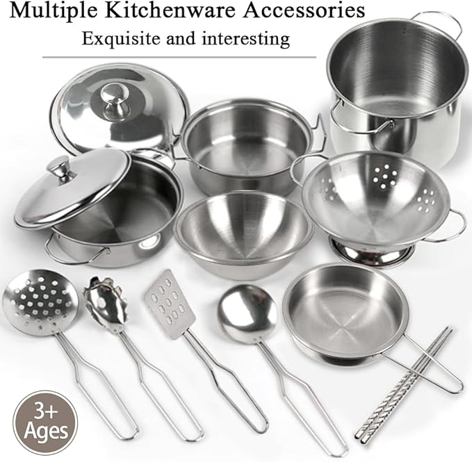 Mini Kids Stainless Steel Cookware Kitchen Cooking Toys Pretend Utensils with Cookware Play Pots and Pans Playset ,Cooking Utensils Pot Rack Organizer Storage Bag for Toddlers (Tiny Size)