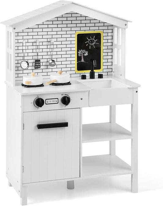 HONEY JOY Kids Kitchen Playset, Farmhouse Pretend Play Toddler Kitchen Set for Kids w/Chalkboard, Marble Backdrop, Window, Storage Shelf, Wooden Play Kitchen for Toddlers, Gift for Boys Girls, White