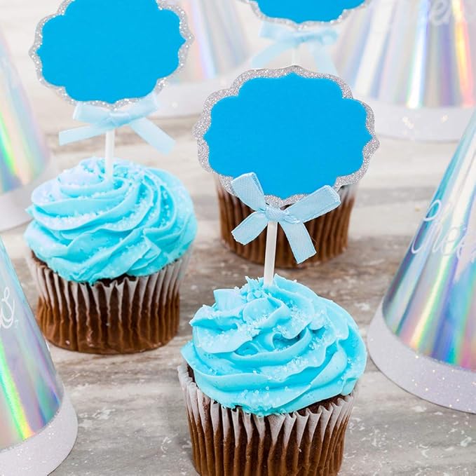 Restaurantware Top Cake 4.5 X 2.5 Inch Cake Toppers 10 DIY Cake Topper Inserts - Sturdy With Glitter Rim Blue And Silver Paper Cake Decoration Birthday Baby Shower Wedding Supplies