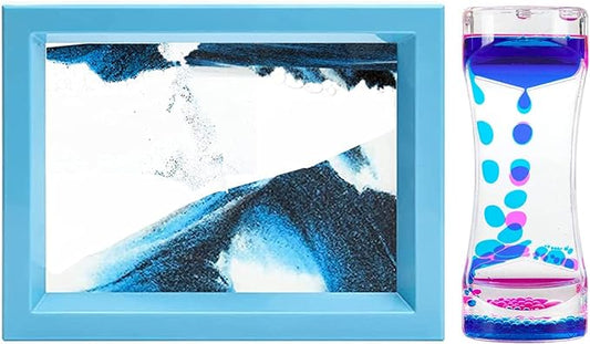 Oneshow Moving Sand Art Picture and Liquid Motion Bubbler for Sensory Play Calm Stress Relief Fidget Activity for Children Kid Adult Home Office Desk Decor Birthday, Blue