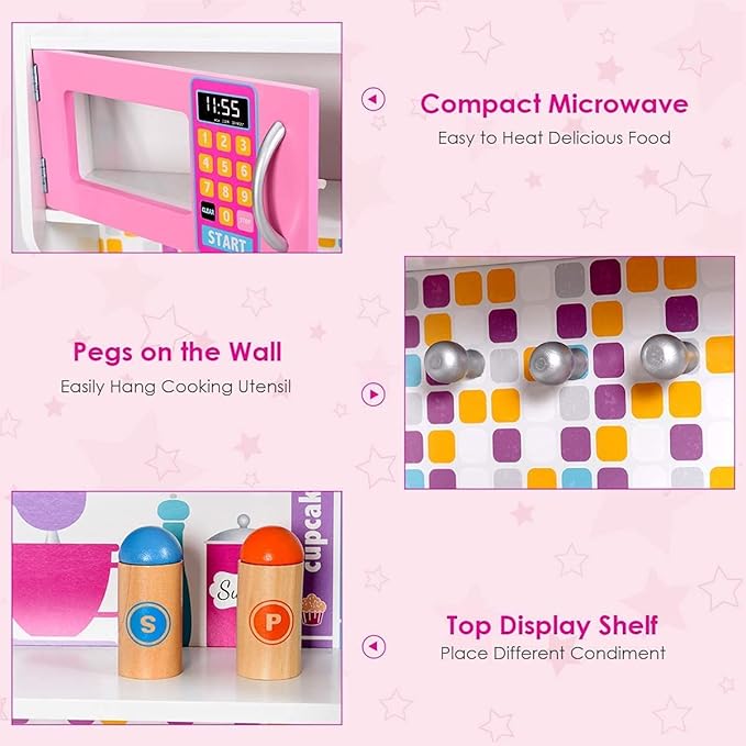 OLAKIDS Kids Kitchen Playset, Wooden Play Kitchen for Toddlers with Real Sounds, Stove Microwave Oven Sink Faucet, Large Storage Cabinet, Pretend Play Toys Cooking Gift for Boys Girls (Pink)
