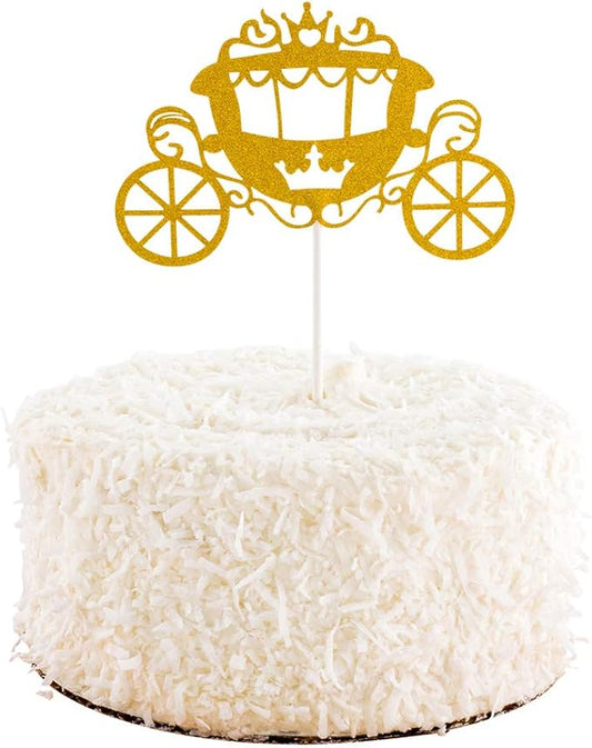 Restaurantware Top Cake 8 X 3.8 Inch Cake Toppers 100 Cinderella Carriage Cake Topper Inserts - Durable With Glitter Detail Gold Paper Cake Decoration Birthday Baby Shower Supplies