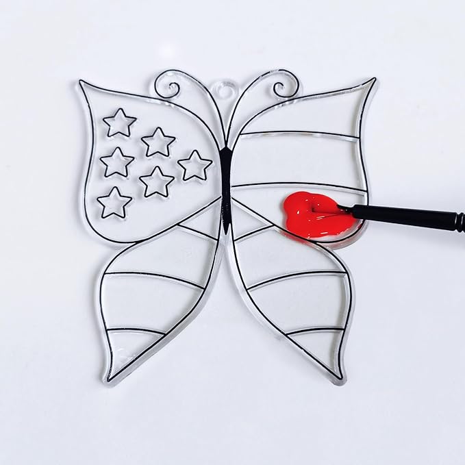 24 Sets Patriotic Suncatcher Ornaments Decoration DIY Window Paint Art Stickers Craft Kit American Heart Star Butterfly Suncatchers for Kids Classroom Patriotic 4th of July Activity Party Art Project