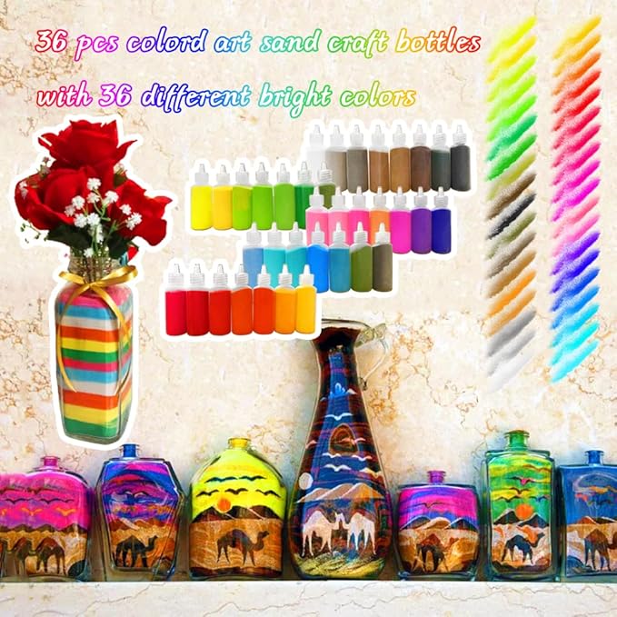 Dshengoo 36 Colors Art Sand,DIY Arts and Crafts Sand Kit,Scenic Sand Kits for Kid's Painting,DIY Drawing,Wedding Decoration,Vase Glass Sand,1.25oz Bottles,36pack