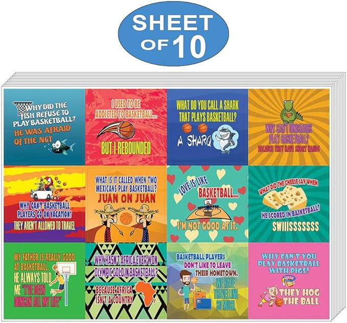 Creanoso Playing Basketball Funny Sports Jokes Stickers (10-Sheet) – Total 120 pcs (10 X 12pcs) Individual Small Size 2.1 x 2. Inches, Cool Themes Designs, Decor Art for Boys & Girls, Children, Teens