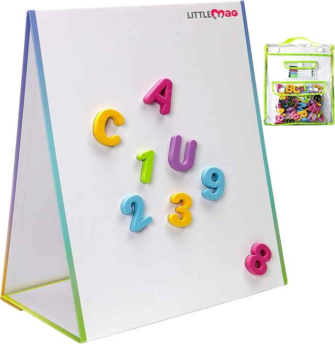 Magnetic Easel and Whiteboard for Kids – 4 Dry Erase Markers, 72 Magnet Numbers and Letters, and Bonus Carrying Bag – Table Top Educational Children’s Play Set