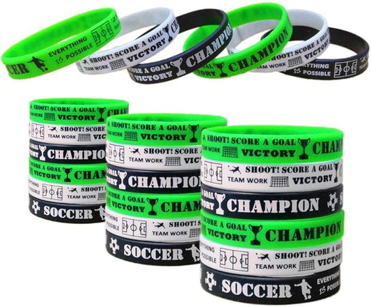 CupaPlay 24 PCS Soccer Motivational Silicone Wristband - Personalized Rubber Bracelets - Sports Prizes -Birthday Party Goodie Bag Stuffers - Carnival/Events/Teacher