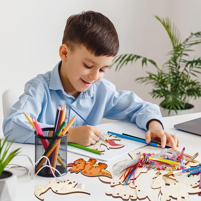 Fennoral 10 Pack Dinosaur Wind Chime Kit for Kids Make Your Own Dinosaur Wind Chime Wooden Arts and Crafts for Girls Boys DIY Coloring Art Activity for Dinosuar Themed Birthday Party Decoration