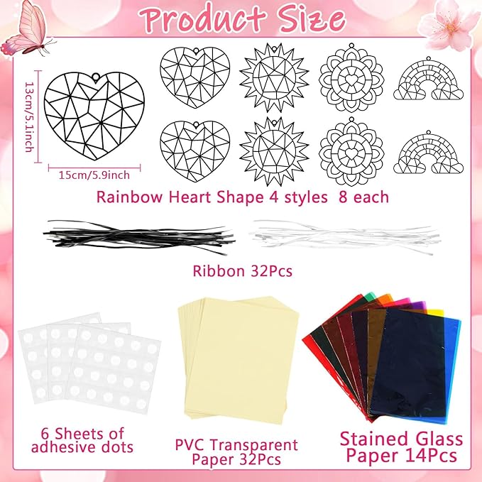 32Pcs Window Suncatcher Kit Spring Window Art DIY Suncatcher Crafts for Kids Rainbow Heart Sun Catcher Craft Stained Glass Effect Tissue Paper Valentine's Day Party Favors Classroom Decor
