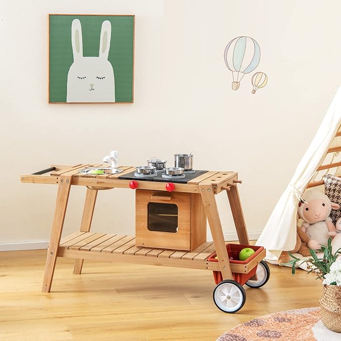 HONEY JOY Mud Kitchen with Umbrella, Wooden Rolling Mud Table Cart, Toddler Outdoor Kitchen Playset, Sink, Faucet, Planting Pots, Utensils, Storage Cabinet, Mud Kitchen for Kids Outdoor with Wheels