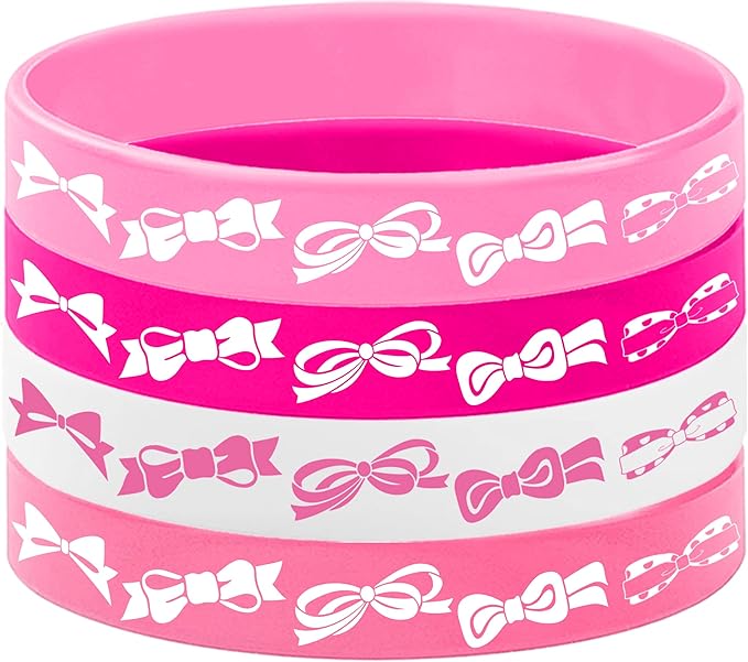 Yuanhoo 24PCS Pink Bow Rubber Bracelet Bow Wristbands Party Favors Bow Themed Birthday Hoilday Baby Shower Wedding Party Supplies Decorations