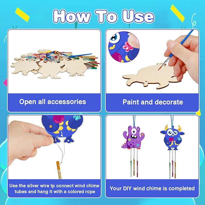 Fennoral 9 Pack Monster Wind Chime Kit for Kids Make Your Own Monster Wind Chimes Wooden Arts and Crafts for Girls Boys DIY Coloring for Christmas Art Activity Party Decoration Birthday Gifts