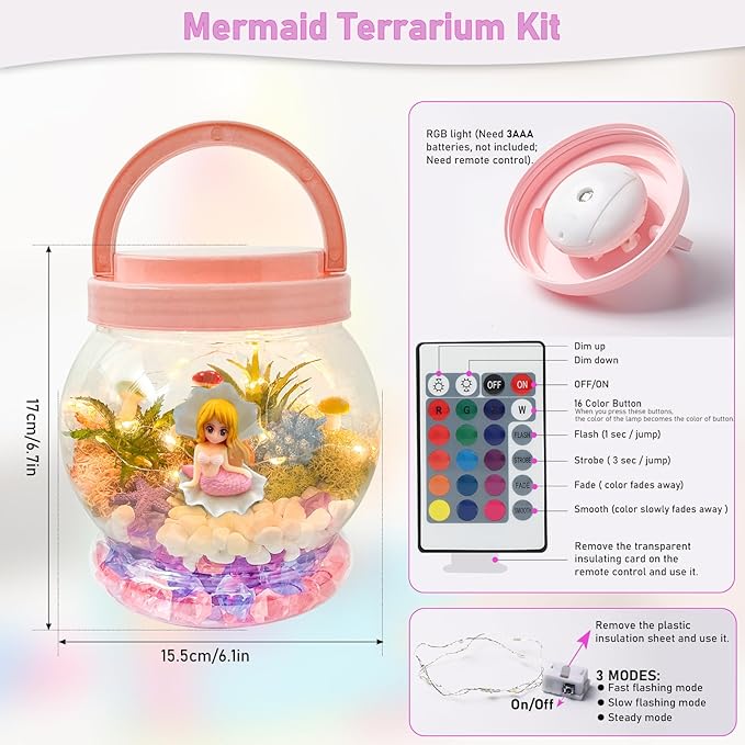 Mermaid Terrarium Kit for Kids, Birthday Gift for Girls, DIY Arts & Crafts Gift Light Up Mermaid Gifts for Girls, Mermaid Toys Presents for Girls Age 4 5 6 7 8-12 Year Old