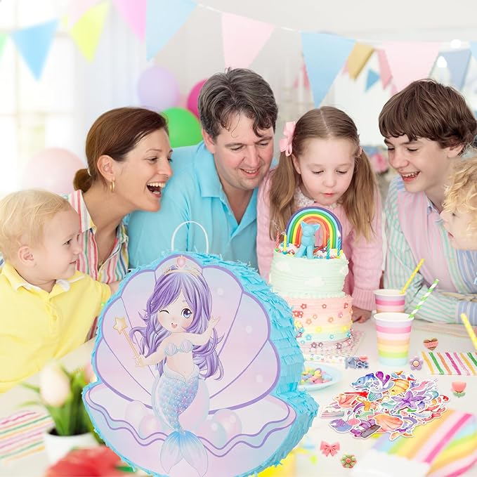 PATIO CHOICE 73 PCS Mermaid Piñata Set Include Mermaid Piñata Stick and Blindfold Necklace Bracelet Rings Stickers for Kids Girls, as Birthday Party Carnivals Festivals Decorations
