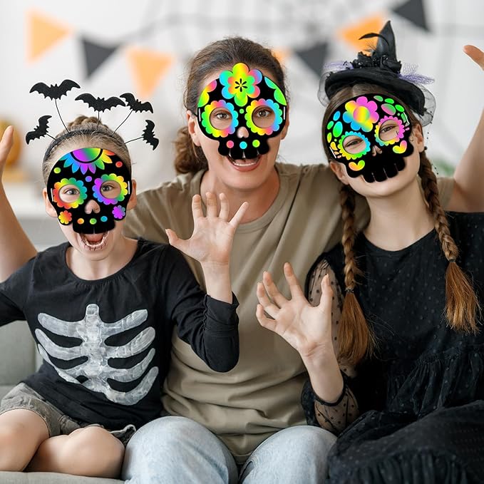 Deekin 60 Pcs Day of The Dead Scratch Masks Skulls Arts and Crafts Gift Set Halloween Skull Scratch Party Favors DIY Art Mask Craft Kit for Mexican Dia De Los Muertos Activity Party Decoration