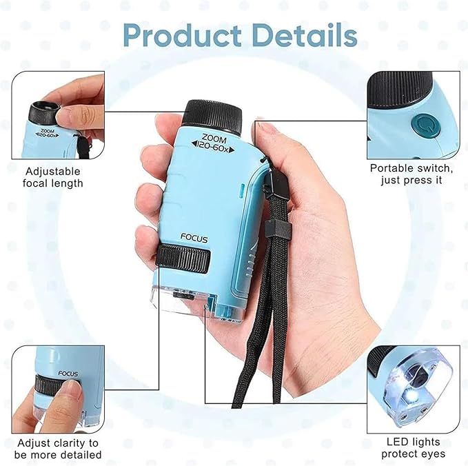 2PC Mini Microscope for Kids,Little Marvin Microscope,Little Scientist Microscope Mini Microscope for Kids,Portable Handheld Education Science Experiment Set Toys(White+Blue)