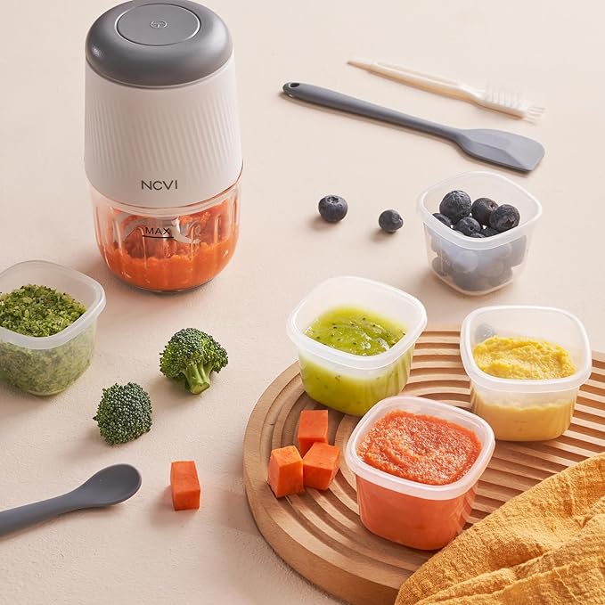 NCVI Puree Baby Food Processor Glass Set, Mini Infant Food Maker Blender Machine with 8 Blades and Grinding Disc, Small Blender for Baby Food Including Food Containers, Silicone Tray and Tableware