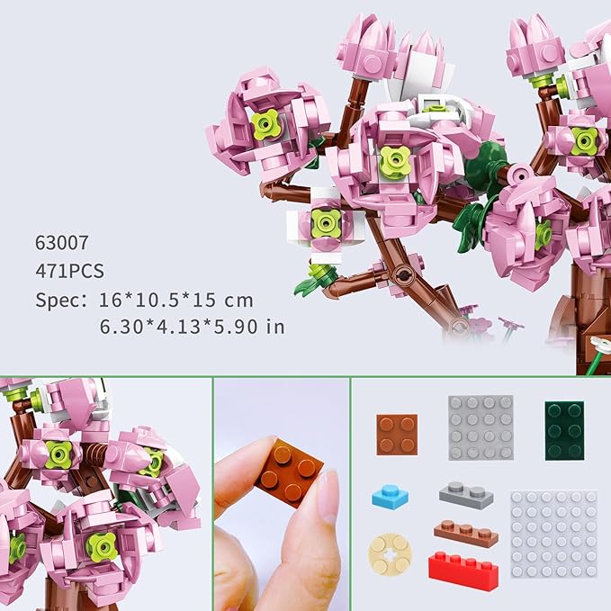 Peach Blossom Building Block Kit, Special Plant Home Decor Flower Bouquet Building Kit, Chinese Flower 471PCS Relaxing Building Project for Adults, Compatible Flowers Set 63007