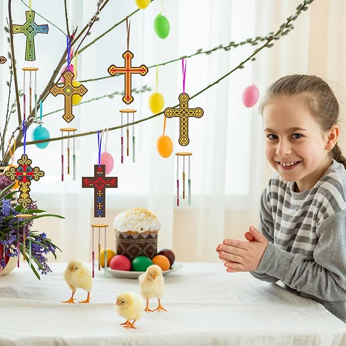 Fennoral 9 Pack Cross Wind Chime Kit for Kids Make You Own Sunday School Craft for Girls Boys DIY Coloring Wooden Christian Crafts for Religious Art Party Decoration Birthday Gift