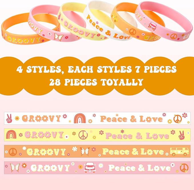 28 Pieces Groovy Retro Hippie Silicone Wristbands Daisy Flower Peace and Love Rubber Bracelets Daisy Party Favors for Kids adults 60s 70s Two Groovy themed Birthday Party Decoration Supplies